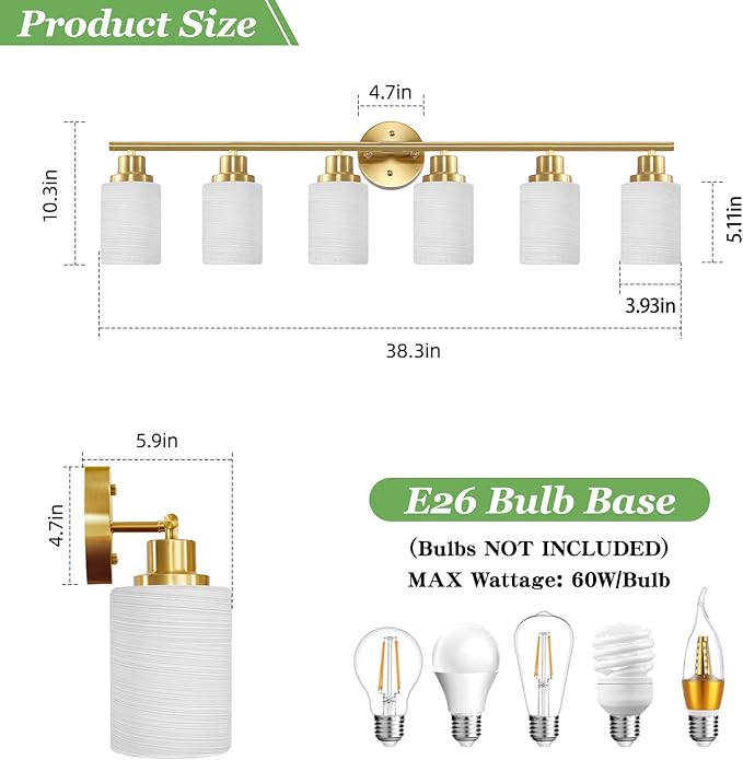 Guliaofo 6-Light Vanity Lights, Brushed Gold Bathroom Light Fixture - Image 2
