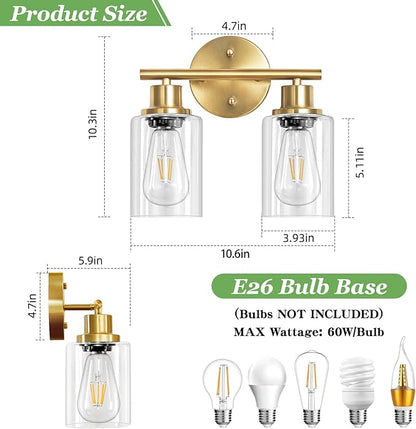 Guliaofo 2-Light E26 Bathroom Light Fixtures, Modern Brushed Gold Vanity Lights - Image 2