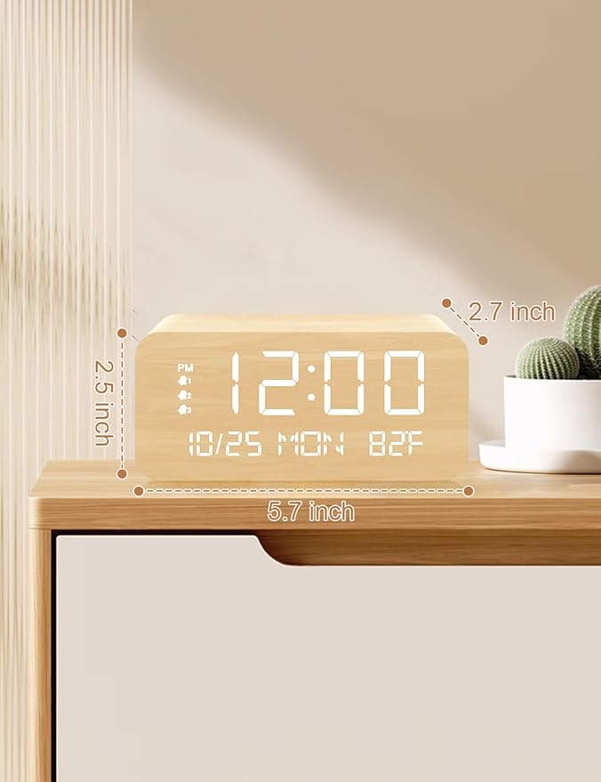 Digital Alarm Clock, with Wooden Electronic LED Time Display, 3 Alarm Settings - Image 7