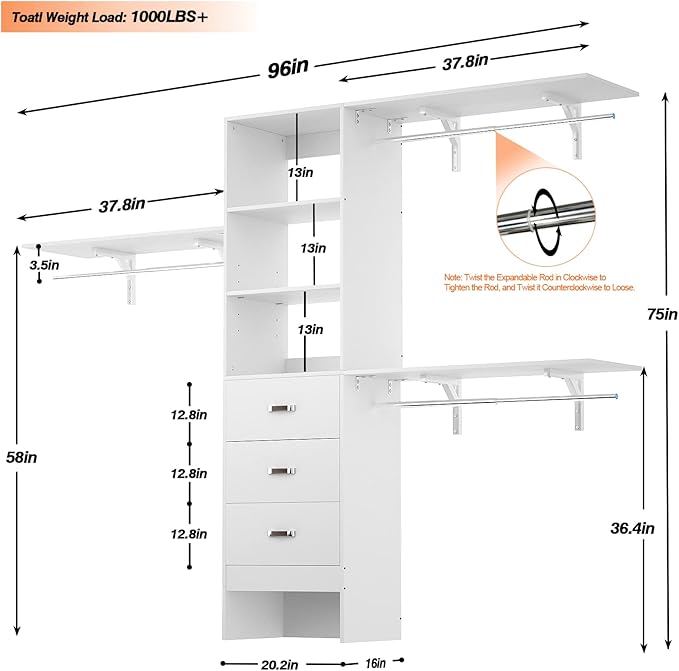 Armocity 96 Inches Closet System, 8FT Walk In Closet Organizer - Image 7