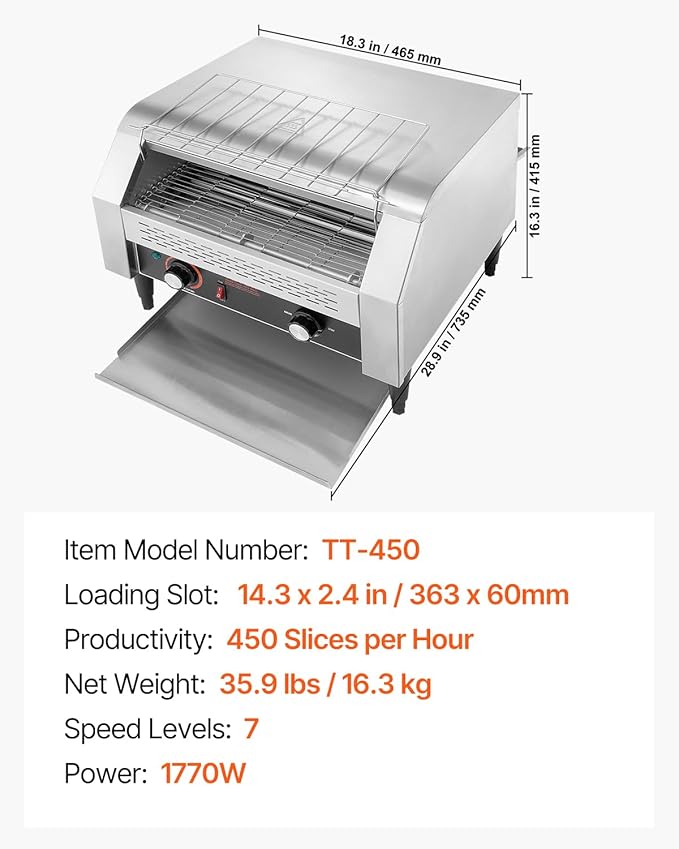 VEVOR 1770W Commercial Conveyor Toaster, 450 Slices per Hour, Heavy Duty - Image 7
