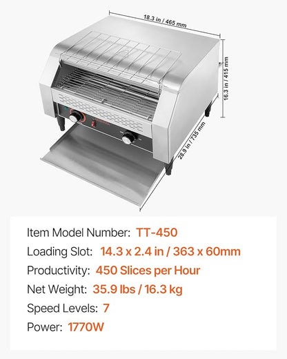 VEVOR 1770W Commercial Conveyor Toaster, 450 Slices per Hour, Heavy Duty - Image 7