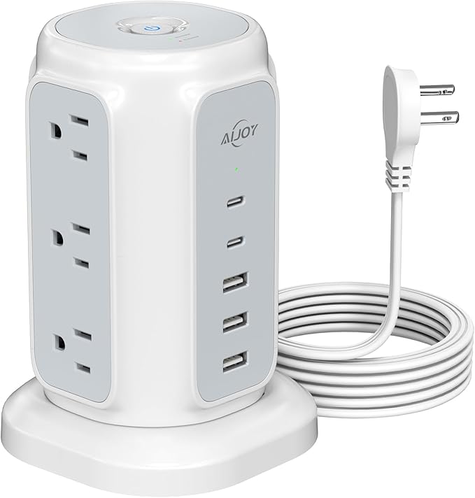 AiJoy Flat Plug Power Strip Tower 9 Outlets and 5 USB Ports, 1200J Surge by AiJoy