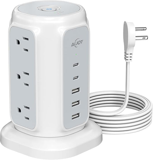 AiJoy Flat Plug Power Strip Tower 9 Outlets and 5 USB Ports, 1200J Surge by AiJoy