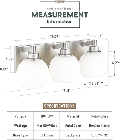 METWET Bathroom Light Fixtures, 3-Light Brushed Nickel Vanity Light, Modern - Image 3