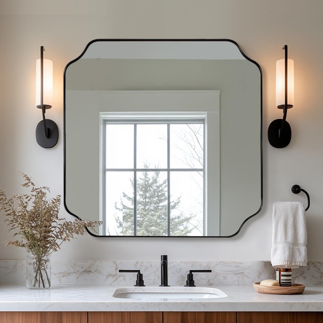 ANDY STAR 24x24 Inch Square Mirror, Matte Black Vanity Mirror, Modern Scallop...