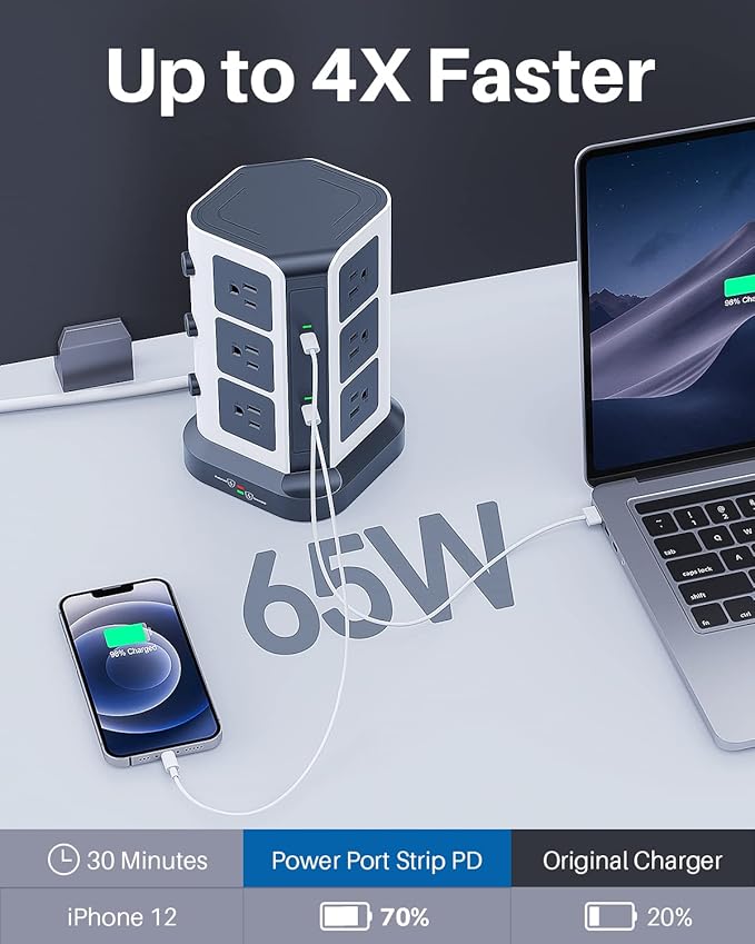 KOOSLA PD Power Strip Tower Surge Protector, USB C Desktop Charging Station - Image 3