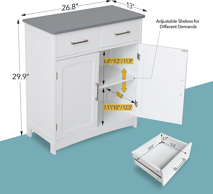 Modern White Buffet Cabinet, 26x30 Inches, 2 Doors, 2 Drawers, Adjustable - Image 2