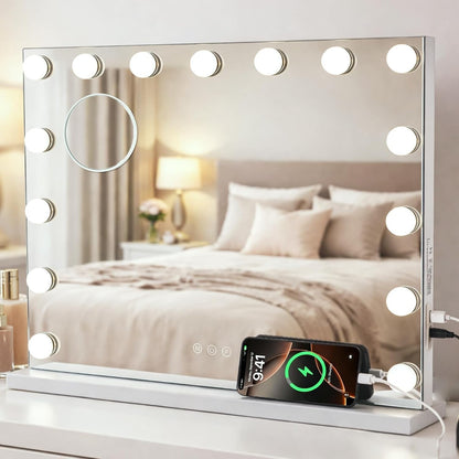Hollywood Vanity Mirror with Lights, 22.1"x18.1" Hollywood Mirror with 10X Magnification, 15 Dimmable LED Bulbs & 3 Color Lighting Modes Desk Wall-Mounted Makeup Vanity Mirror