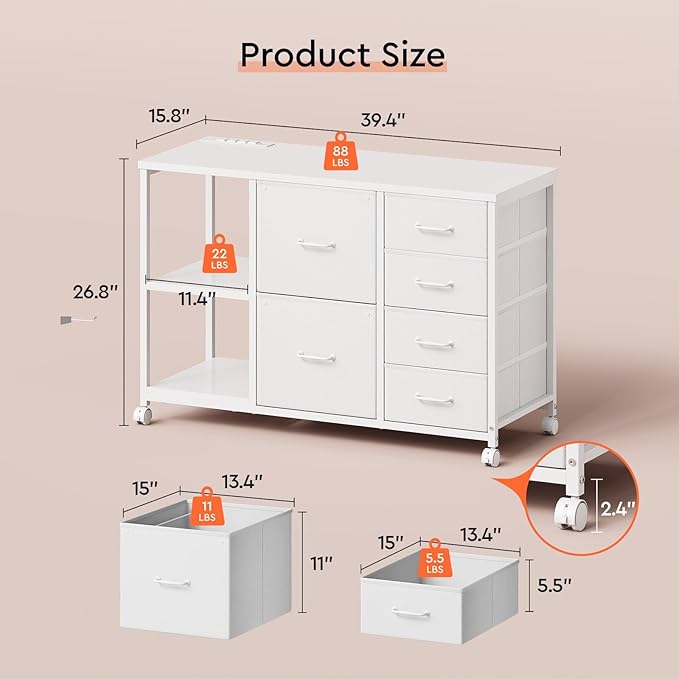 6 Drawer File Cabinet with Charging Station Rolling Printer Stand with Open - Image 3