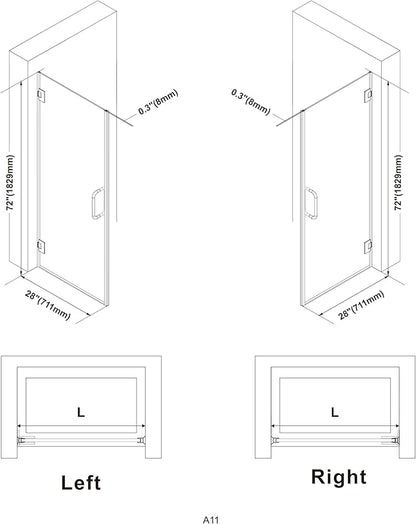 Bathroom Frameless Shower Door 28" W*72" H, 5/16" Clear Tempered Glass Hinged - Image 6