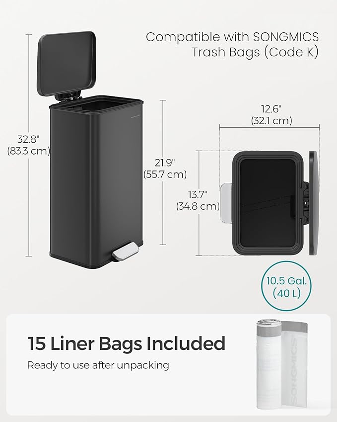 SONGMICS Kitchen Trash Can, 10.5 Gallon Garbage Can, Large Step Trash Bin - Image 7