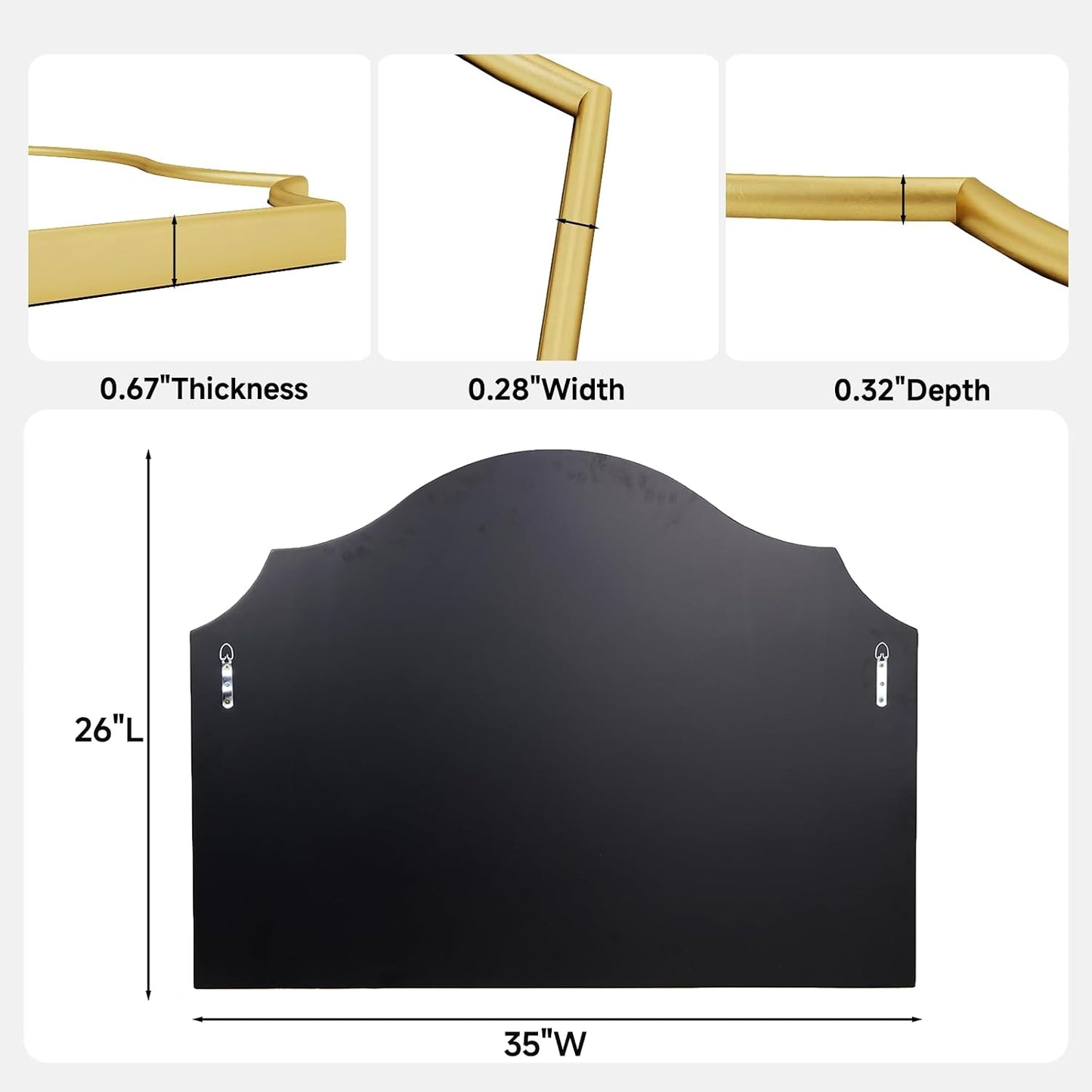 26"x35" Gold Arched Wall Mirror, Decorative Mirror | Modern Minimalist, Wall Mounted Wooden Frame For Bathroom, Vanity, Living Room, Bedroom, Hallway, Fireplace, Dresser