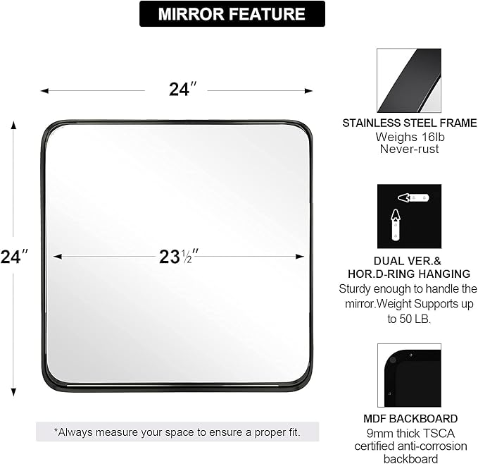 ANDY STAR Square Wall Mirror for Bathroom, 24”x24” Matte Black Bathroom Mirror - Image 4