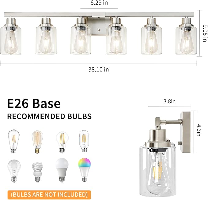 DIKAIDA Bathroom Vanity Light, 6-Light Nickel Modern Matte Wall Sconce Lighting - Image 3