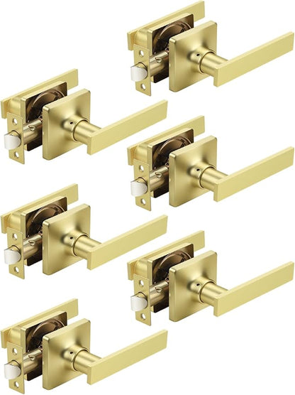 Mengico 6 Pack Passage Door Levers Gold Finish, No-Locking Keyless Square Door by Mengico
