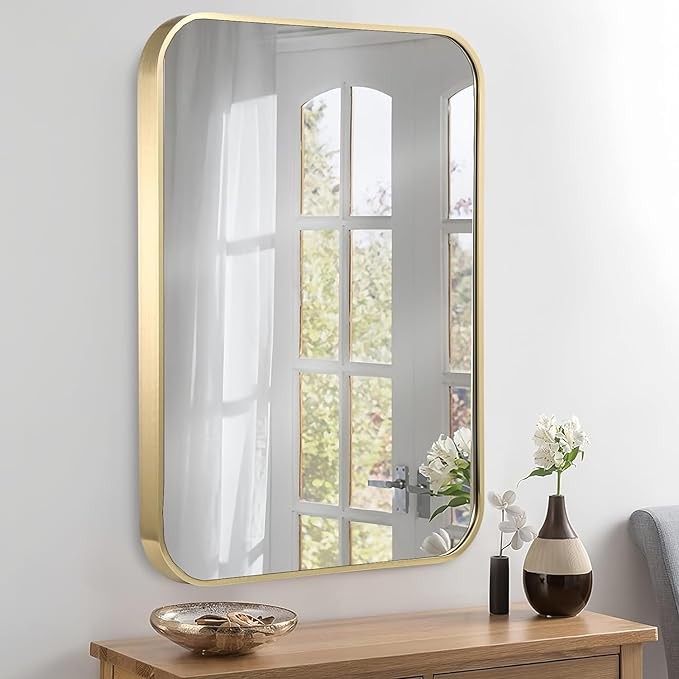 16x24 Inch Gold Bathroom Mirror, Brushed Brass Gold Metal Framed Rectangular - Image 2