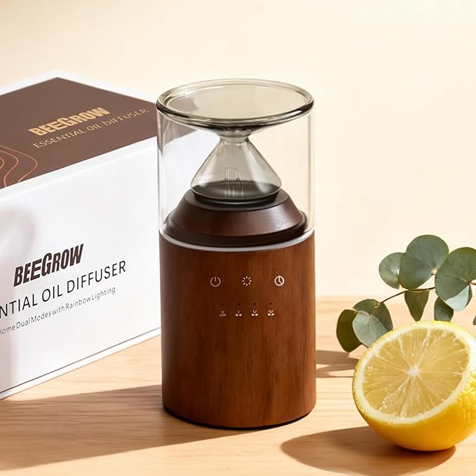 Waterless Nebulizing Essential Oil Diffuser, Real Glass and Solid Wood Portable by BEEGROW