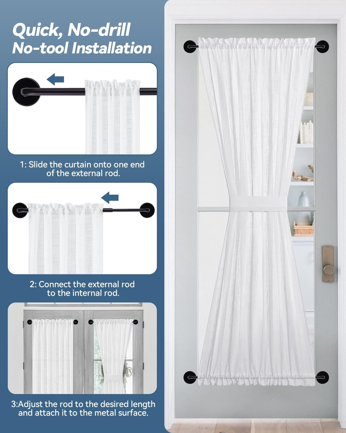2 Pack Magnetic Curtain Rods for Metal Doors, 17-30in No-Drill Rods, Black | Tool-Free Installation, Strong Magnetic Hold, Stepless Adjustable, Damage-Free Hanging, French Doors, Metal front/back doors