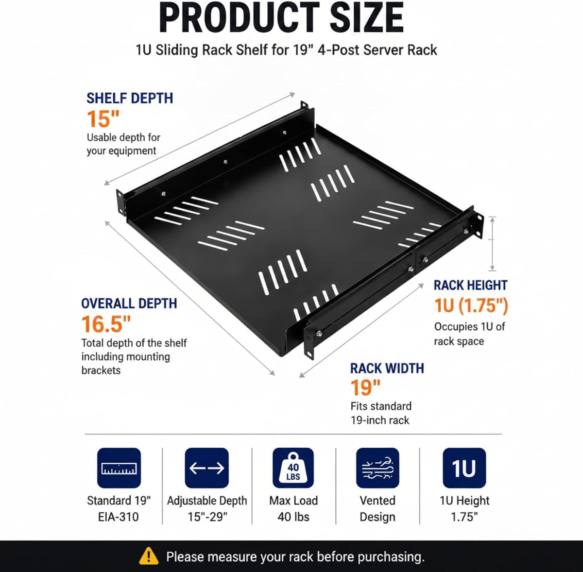1u sliding rack shelf, adjustable mounting 15-29 inch shown in use