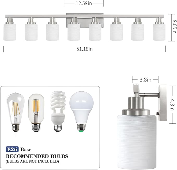 DIKAIDA 8-Light Bathroom Light Fixtures, 52inch Nickel Vanity Light - Image 3