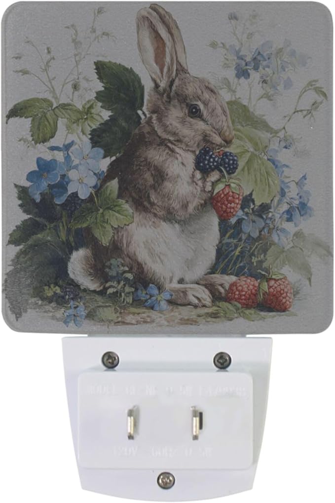 Pigsaly Led Night Light Watercolor Rabbit Strawberries Night Light Plug in Wall - Image 2
