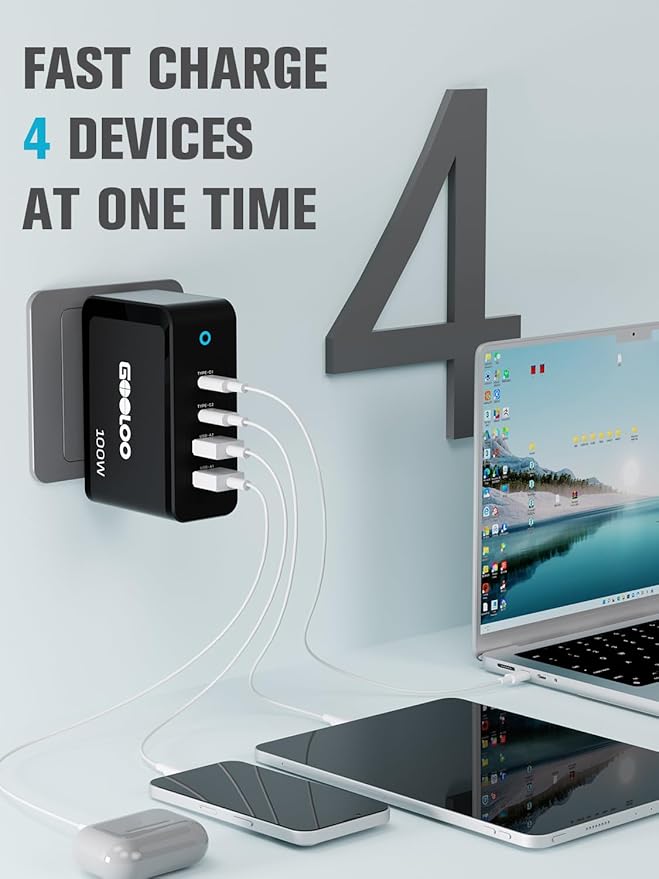 GOOLOO 100W USB C Charger Block, 4-Port Foldable Compact Fast Wall Charger - Image 3