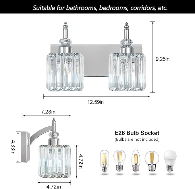 BBLLWJ Modern Bathroom Vanity Light 2-Light Chrome Crystal Light Fixtures Over - Image 4