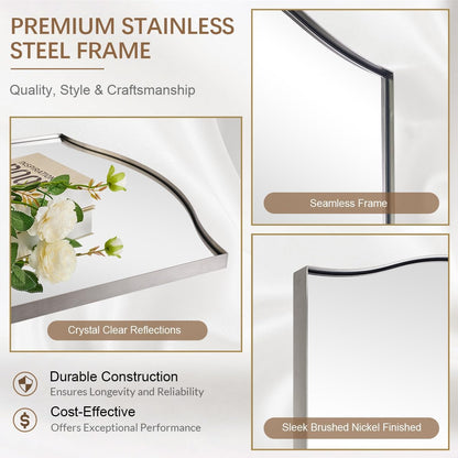 Brushed Nickel Mirror, 24"x36" Silver Scalloped Wall Mirror for Bathroom, Curved Edge Design with SUS304 Stainless Steel Metal Frame, Ideal for Bathroom, Bedroom, Entryway