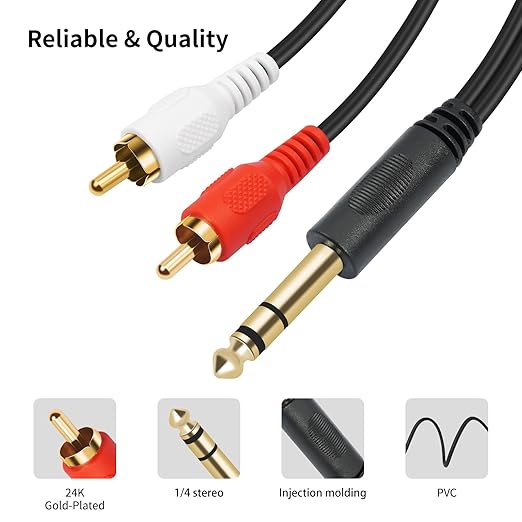 SiYear Gold-Plated 6.35mm 1/4 inch Male TRS Stereo Plug to 2 RCA Phono Male - Image 6