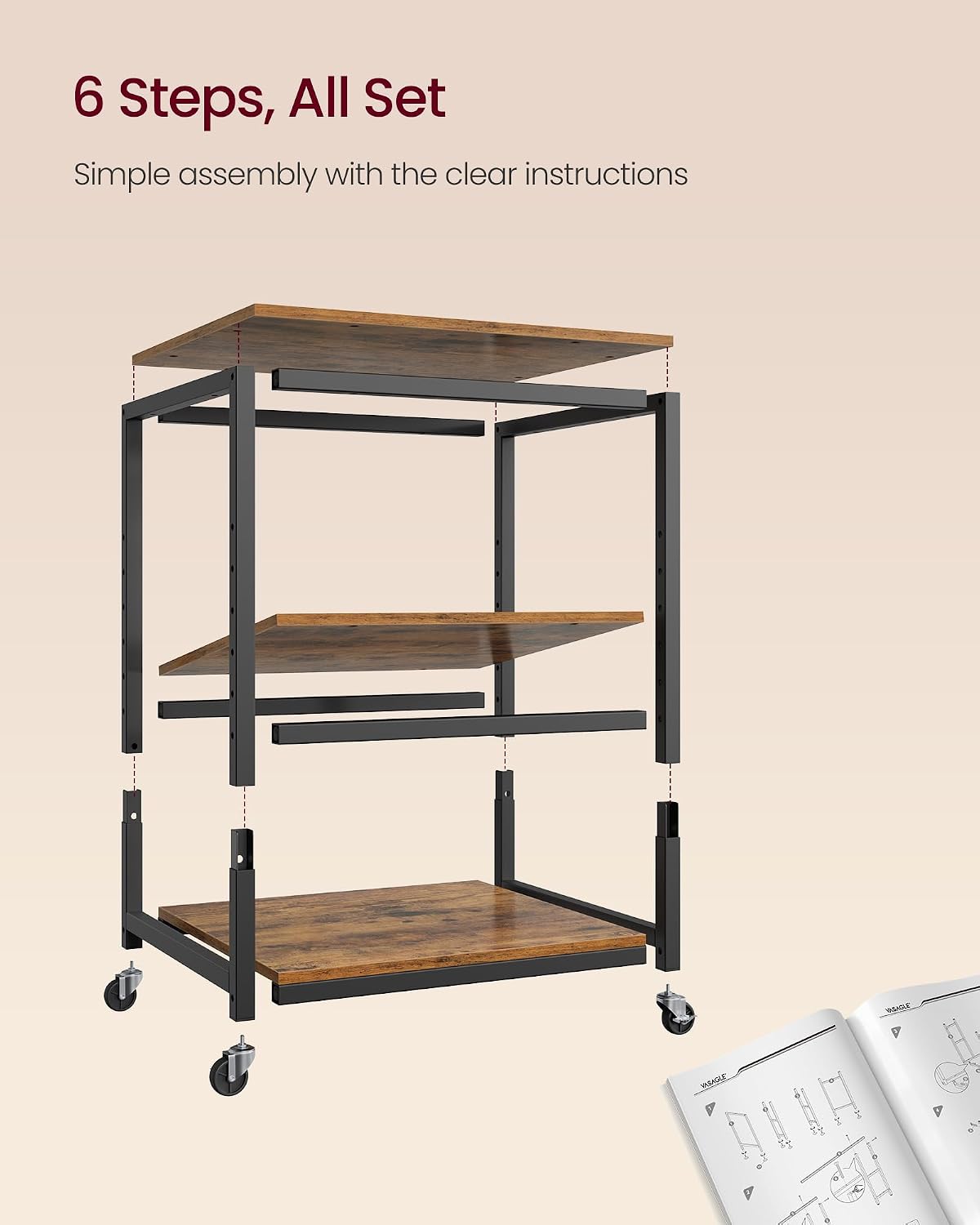 VASAGLE 3-Tier Printer Stand with Locking Wheels, Under Desk Printer Table