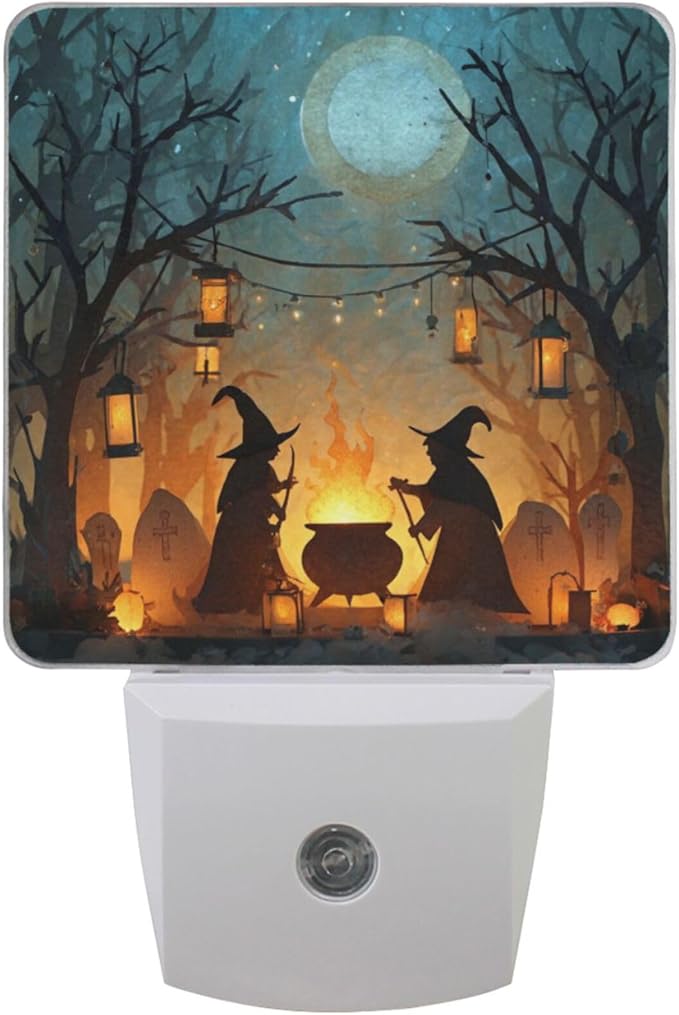 Pigsaly Led Night Light Halloween Witches Cauldron Tombstones Bare Trees Night by Pigsaly