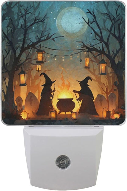 Pigsaly Led Night Light Halloween Witches Cauldron Tombstones Bare Trees Night by Pigsaly