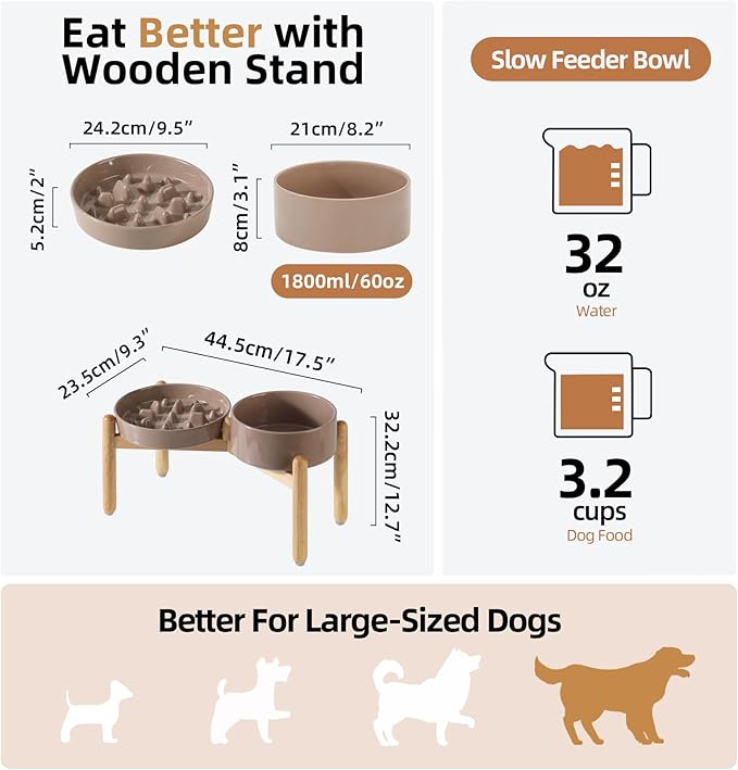 Ceramic 3.2 Cup Raised Slow Feeder Dog Bowl Set, Elevated 8.2inch Bowl and - Image 2