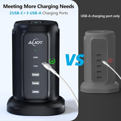 AiJoy Power Strip Tower with 9 AC Outlets and 5 USB Ports, Flat Plug 1625W - Image 7