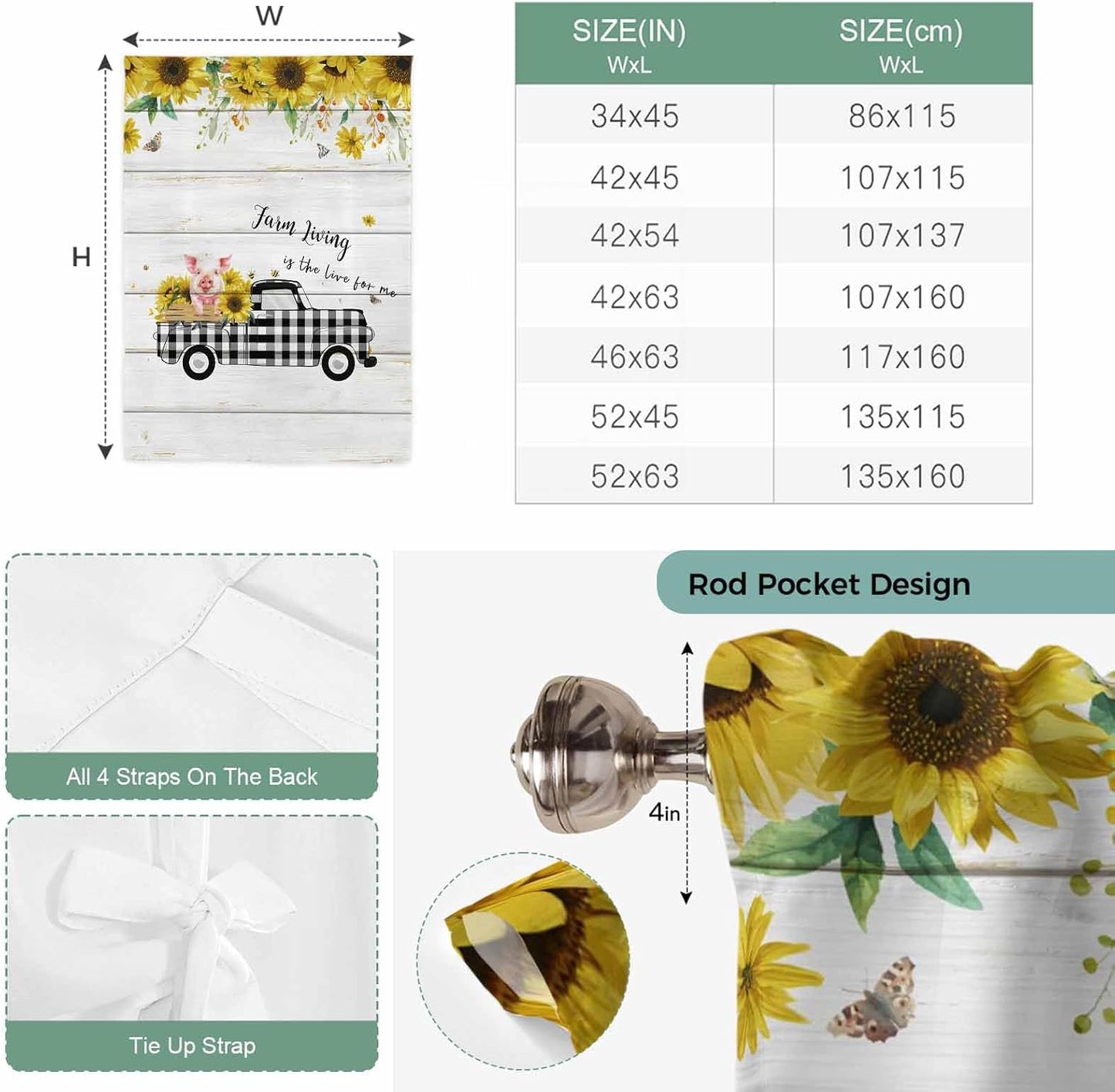 Sunflowers Tie Up Curtains for Window, Spring Botanical Truck Pig Wooden Grain Thermal Insulated Balloon Shade Adjustable Rod Pocket Curtains Valance Panels for Kitchen Bathroom Café 42'' x 63''
