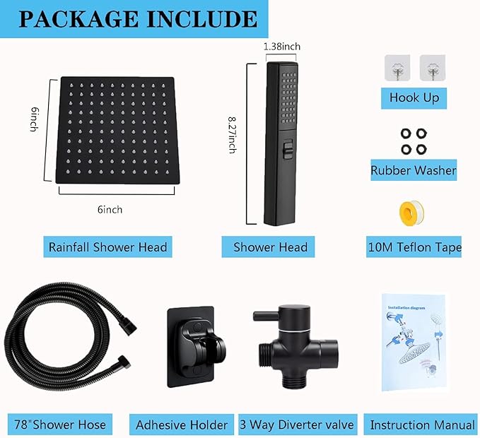 6'' Square High Pressure Rain Black Shower Heads - Image 2