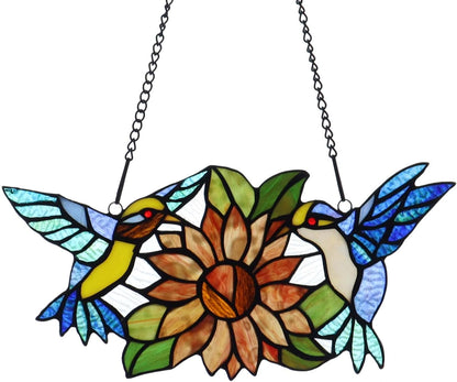 Bieye W10006 Hummingbirds Flower Tiffany Style Stained Glass Window Hangings Panel with Chain, 15" W x 7" H