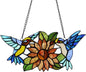 Bieye W10006 Hummingbirds Flower Tiffany Style Stained Glass Window Hangings Panel with Chain, 15" W x 7" H