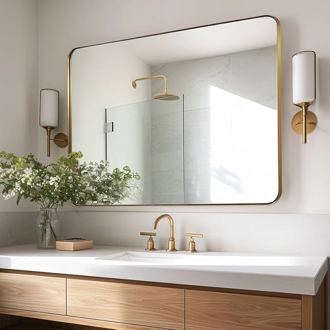 Andy Star Gold Bathroom Mirror, 22x30'' Brushed Brass Metal Frame Rounded - Image 2