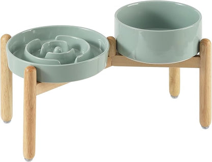 Ceramic Raised Slow Feeder Dog Bowl Set, Elevated 7.3inch Bowl and 8.2inch by Havniva