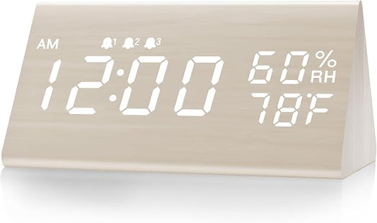 Digital Alarm Clock, with Wooden Electronic LED Time Display, 3 Alarm Settings by JALL