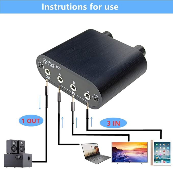 3.5mm Audio Switch with line Volume Controller, 3 in 1 Out 1/8" aux switcher - Image 5