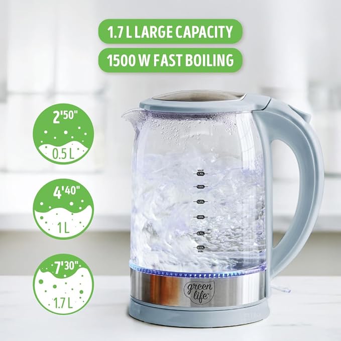 GreenLife 1.7 Liter Glass Electric Kettle, Easy One Touch Use, Quick Heating - Image 6