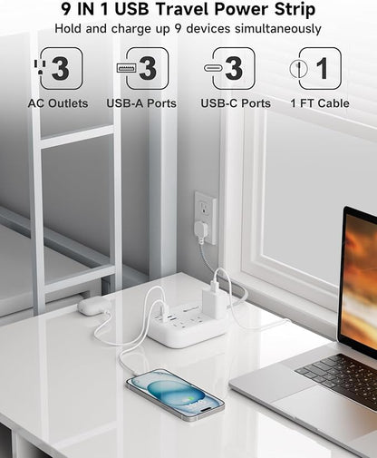 Beeiker Short Extension Cord 1 Ft- 6 USB Travel Power Strip - Image 3