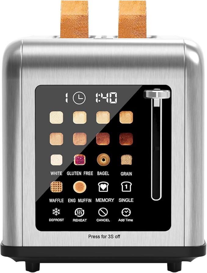 2 Slice Toaster Touch Screen, Stainless Steel Toasters Digital Timer 2 Slot by Clixane