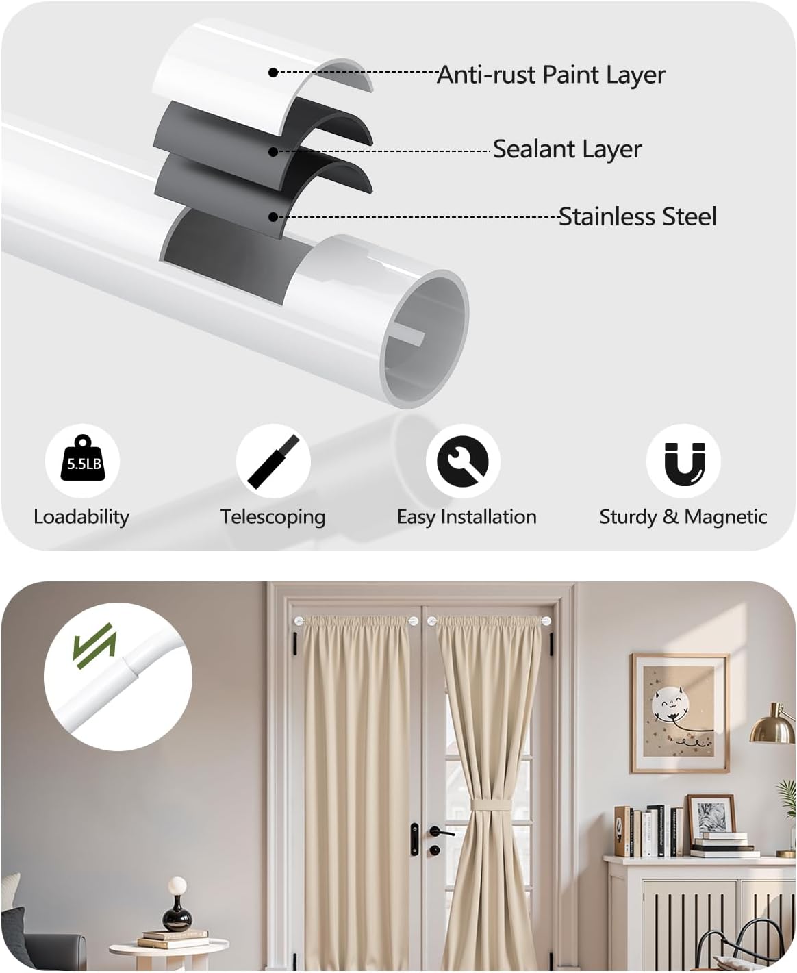 2 Pack Magnetic Curtain Rods for Metal Door, Adjustable 18 to 30 Inch Curtain Rod, 3/8" Diameter Magnet Rods for French Doors Window Cafe(White, 2Pack)
