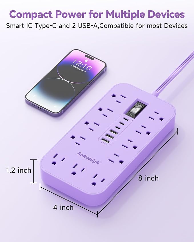 Purple Extension Cord with Multiple Outlets- 5 FT Lavender Power Strip - Image 6