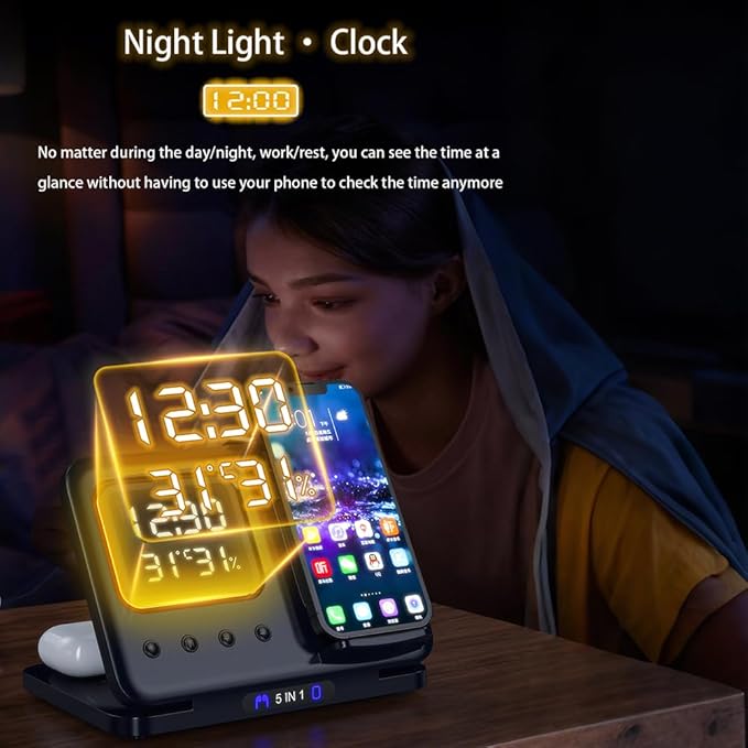 IHAO 5in1 Multi Functional Wireless Charging Station Digital Clock 15W Fast - Image 5