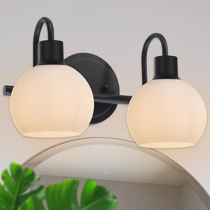 WINSHEN 2-Light Black Bathroom Light Fixture, Milk White Globe Wall Sconce Lamp by WINSHENLighting
